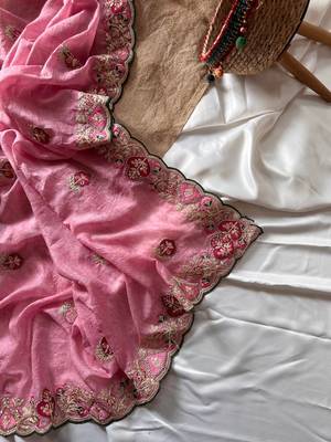 Pink Color  zari border with zarkhan work georegett Saree 3