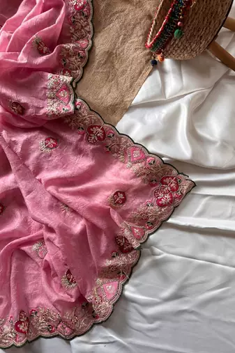 Pink Color  zari border with zarkhan work georegett Saree
