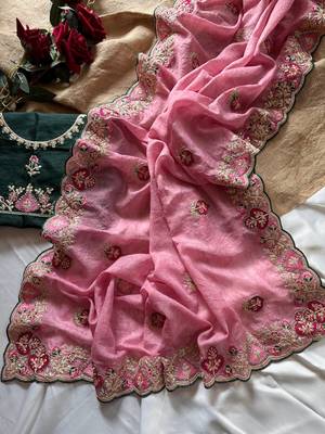 Pink Color  zari border with zarkhan work georegett Saree 4