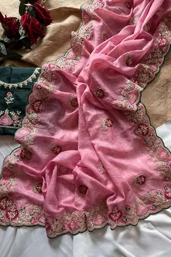 Pink Color  zari border with zarkhan work georegett Saree