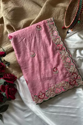 Pink Color  zari border with zarkhan work georegett Saree