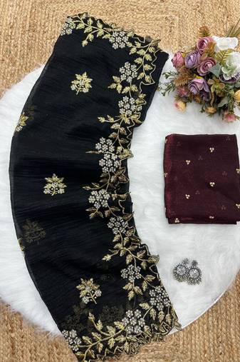 Black Color Embroidery& Moti Work Scalloped Cut work Border Silk Saree