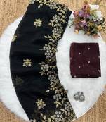 Black Color Embroidery& Moti Work Scalloped Cut work Border Silk Saree
