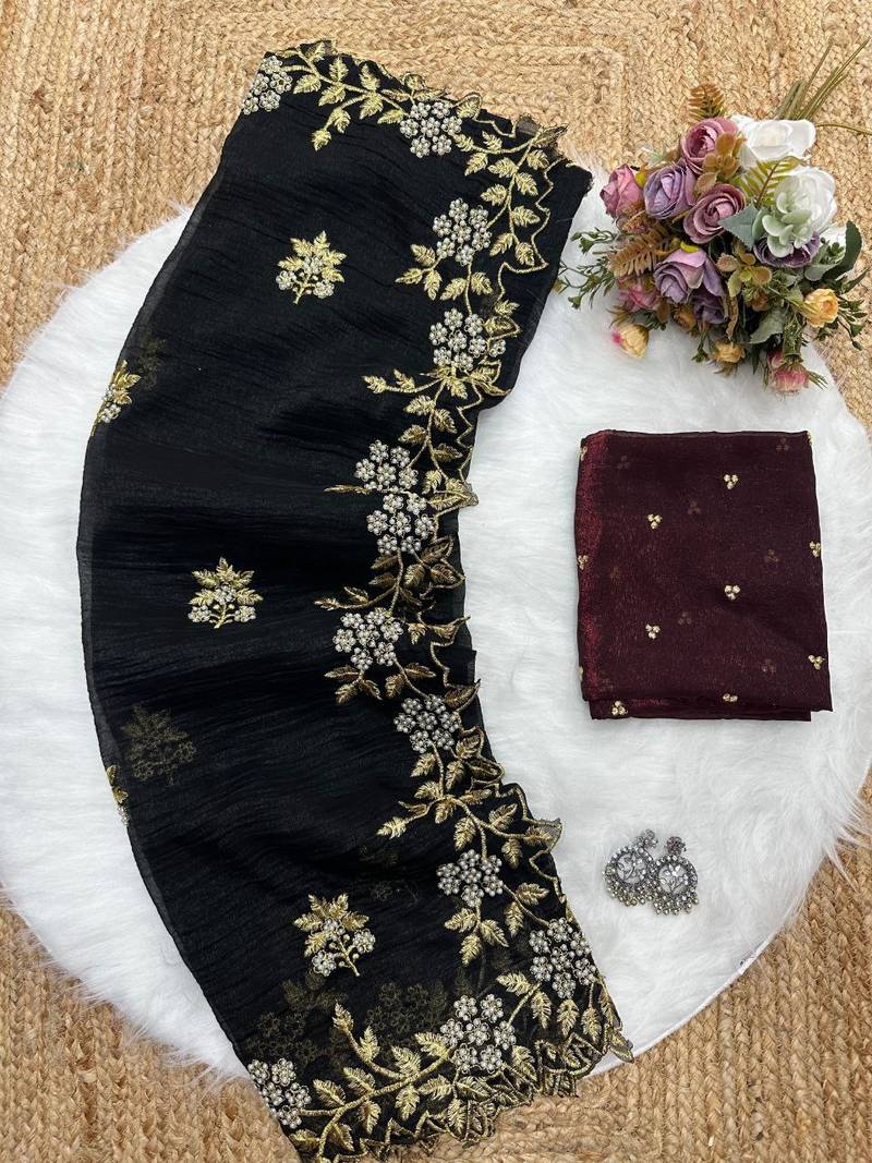 Black Color Embroidery& Moti Work Scalloped Cut work Border Silk Saree