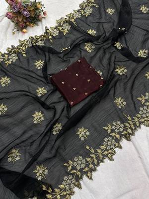 Black Color Embroidery& Moti Work Scalloped Cut work Border art silk saree 2