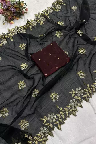 Black Color Embroidery& Moti Work Scalloped Cut work Border art silk saree