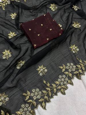 Black Color Embroidery& Moti Work Scalloped Cut work Border art silk saree 3