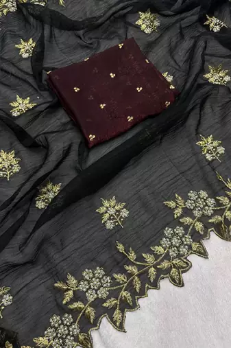 Black Color Embroidery& Moti Work Scalloped Cut work Border art silk saree