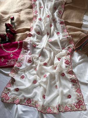 White Color  zari border with zarkhan work georegett Saree 1