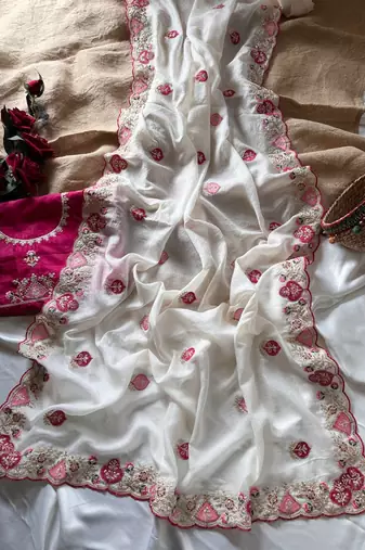 White Color  zari border with zarkhan work georegett Saree