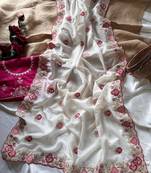 White Color  zari border with zarkhan work georegett Saree
