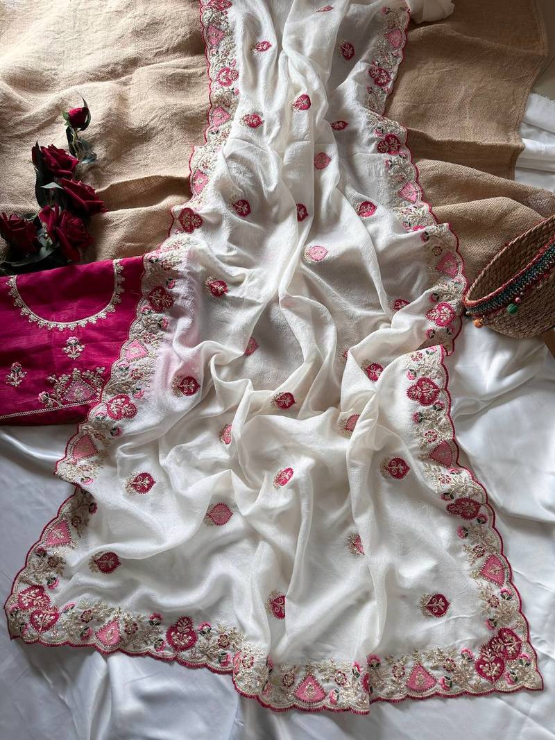 White Color  zari border with zarkhan work georegett Saree