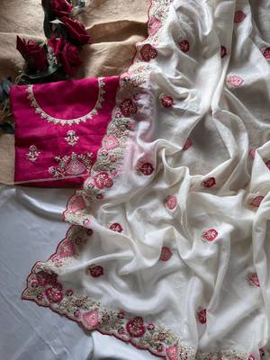 White Color  zari border with zarkhan work georegett Saree 2