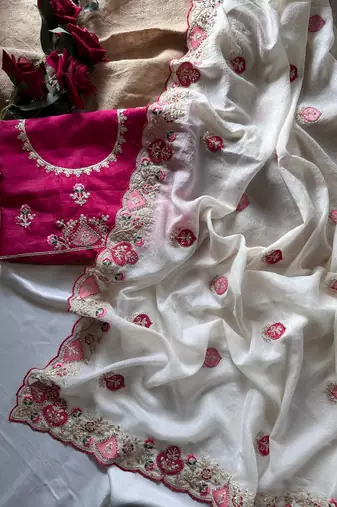 White Color  zari border with zarkhan work georegett Saree