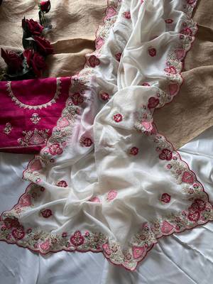 White Color  zari border with zarkhan work georegett Saree 3