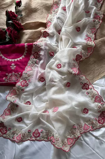White Color  zari border with zarkhan work georegett Saree