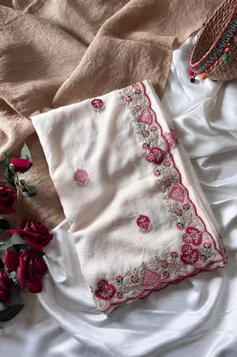 White Color  zari border with zarkhan work georegett Saree