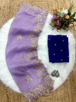 Light lavender Color Embroidery& Moti Work Scalloped Cut work Border art silk saree 1