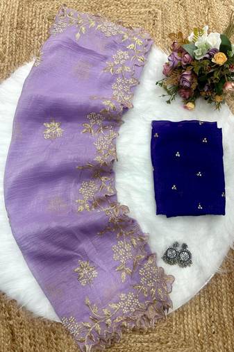Light lavender Color Embroidery& Moti Work Scalloped Cut work Border Silk Saree