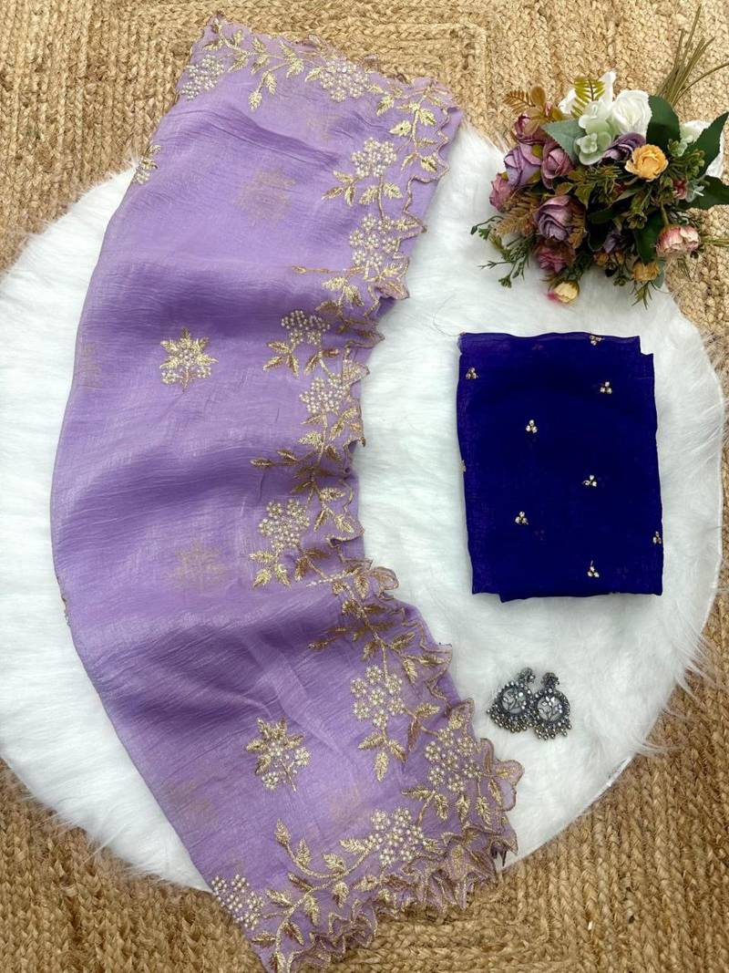 Light lavender Color Embroidery& Moti Work Scalloped Cut work Border Silk Saree