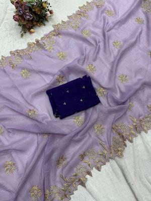 Light lavender Color Embroidery& Moti Work Scalloped Cut work Border art silk saree 2