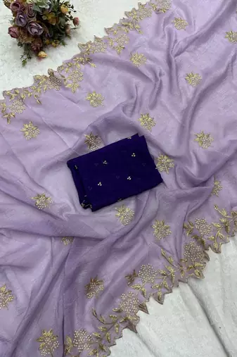 Light lavender Color Embroidery& Moti Work Scalloped Cut work Border art silk saree