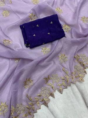 Light lavender Color Embroidery& Moti Work Scalloped Cut work Border art silk saree 3