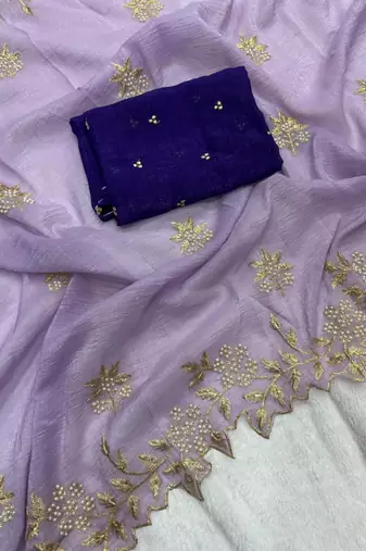 Light lavender Color Embroidery& Moti Work Scalloped Cut work Border art silk saree