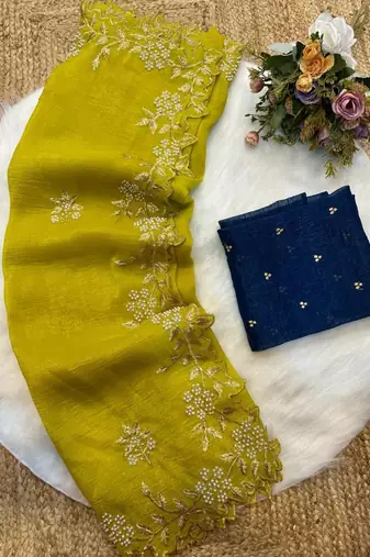 Light lavender Color Embroidery& Moti Work Scalloped Cut work Border Silk Saree