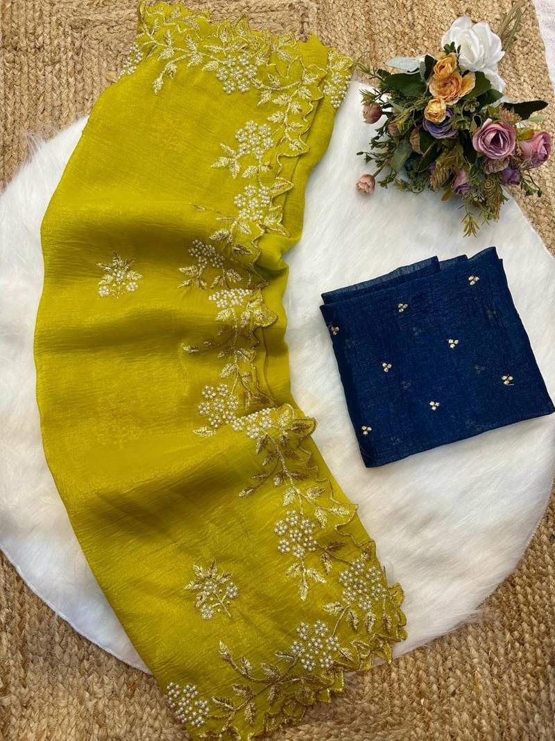 Light lavender Color Embroidery& Moti Work Scalloped Cut work Border Silk Saree