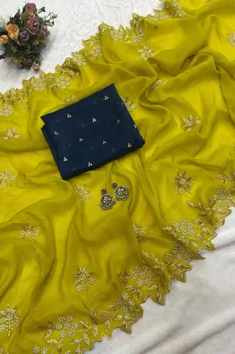 Light lavender Color Embroidery& Moti Work Scalloped Cut work Border art silk saree