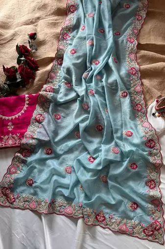Sky Blue Color  zari border with zarkhan work georegett Saree