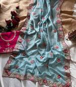 Sky Blue Color  zari border with zarkhan work georegett Saree