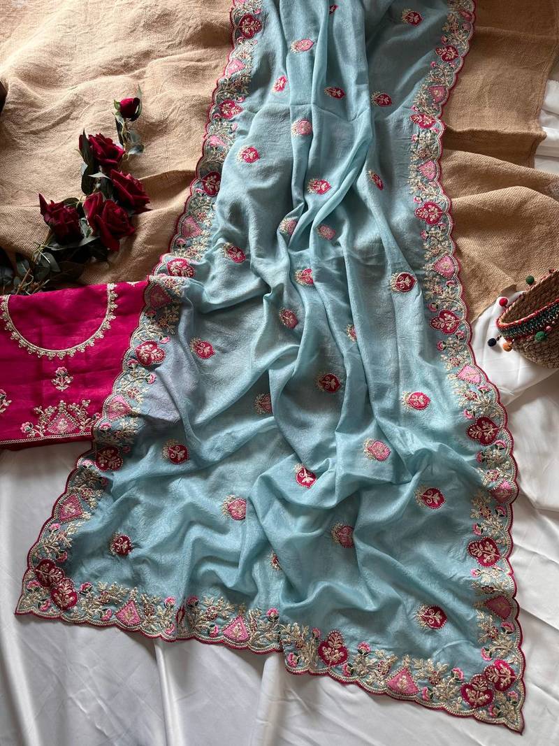 Sky Blue Color  zari border with zarkhan work georegett Saree
