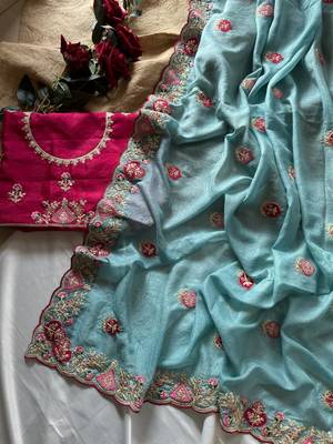 Sky Blue Color  zari border with zarkhan work georegett Saree 2
