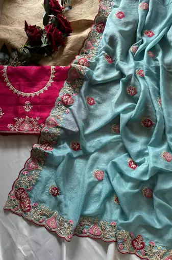 Sky Blue Color  zari border with zarkhan work georegett Saree
