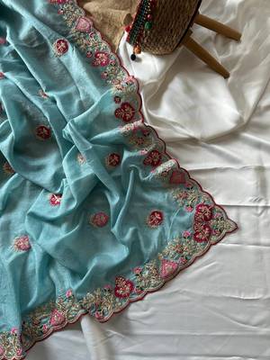 Sky Blue Color  zari border with zarkhan work georegett Saree 3