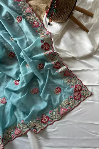 Sky Blue Color  zari border with zarkhan work georegett Saree
