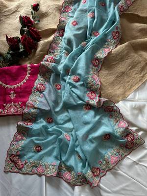 Sky Blue Color  zari border with zarkhan work georegett Saree 4