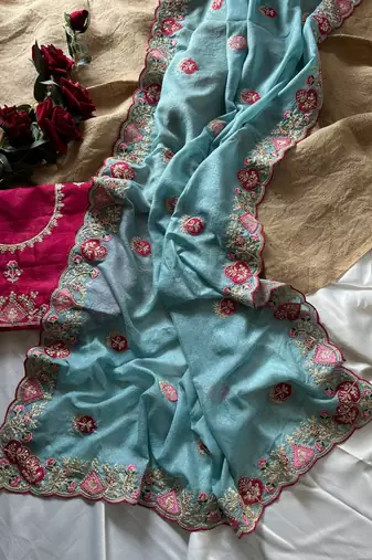 Sky Blue Color  zari border with zarkhan work georegett Saree
