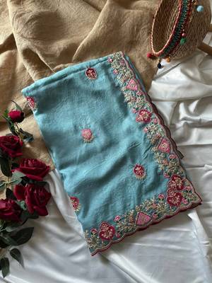 Sky Blue Color  zari border with zarkhan work georegett Saree 5