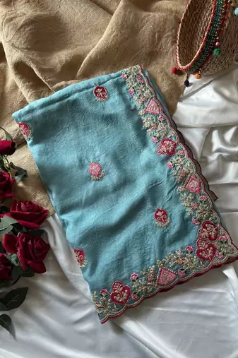 Sky Blue Color  zari border with zarkhan work georegett Saree
