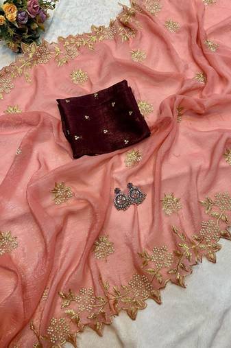 PeachColor Embroidery& Moti Work Scalloped Cut work Border Silk Saree