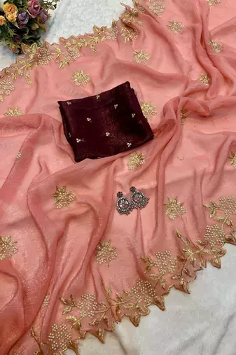 PeachColor Embroidery& Moti Work Scalloped Cut work Border Silk Saree