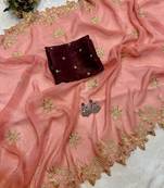 PeachColor Embroidery& Moti Work Scalloped Cut work Border Silk Saree