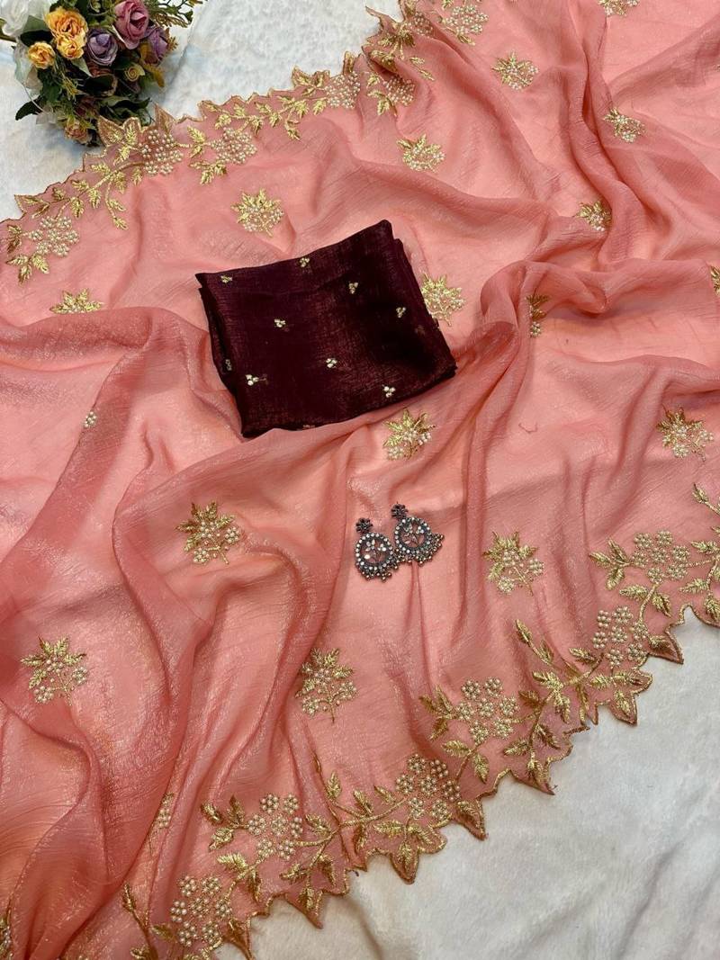 PeachColor Embroidery& Moti Work Scalloped Cut work Border Silk Saree