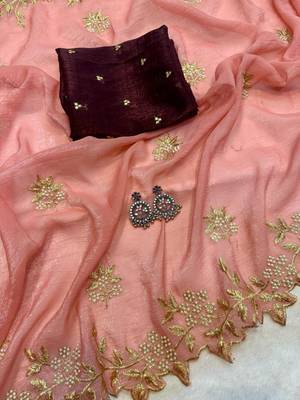 PeachColor Embroidery& Moti Work Scalloped Cut work Border art silk saree 2