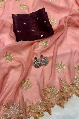 PeachColor Embroidery& Moti Work Scalloped Cut work Border art silk saree