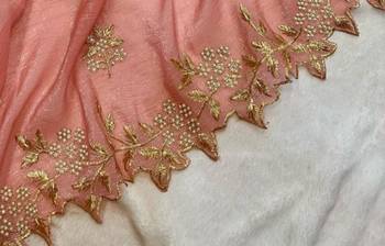 PeachColor Embroidery& Moti Work Scalloped Cut work Border art silk saree 3