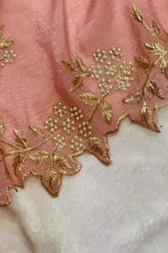 PeachColor Embroidery& Moti Work Scalloped Cut work Border art silk saree